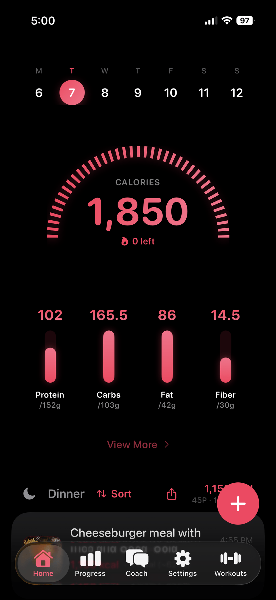 Fud AI home dashboard with calorie ring and macro progress